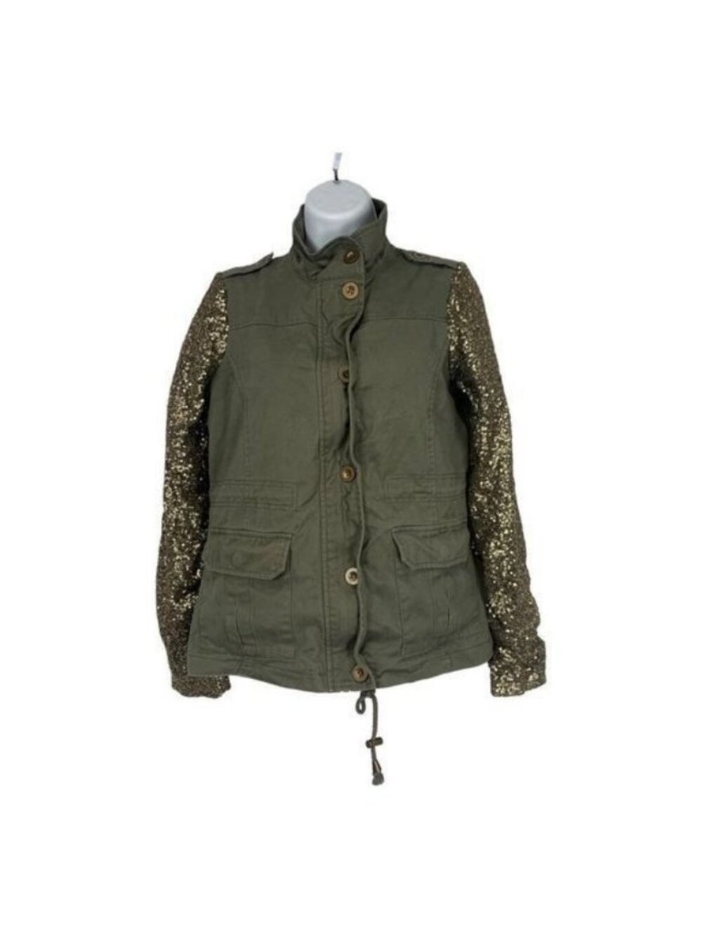 Deb Womens Olive Green Jacket With Gold Sequined Sleeves Lightweight S